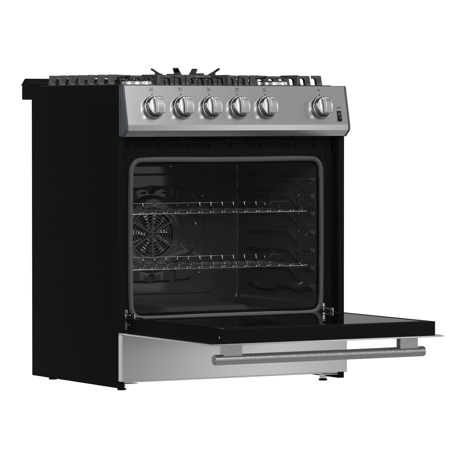 Forno Leonardo 30-Inch Stainless Steel Gas Range, 5 Sealed Burners (Totaling 39,500 BTU), 5 cu.ft. Convection Oven, Continuous Cast Iron Grates, Black Enamel Interior, Auto Re-Ignition, LP Conversion Kit Included