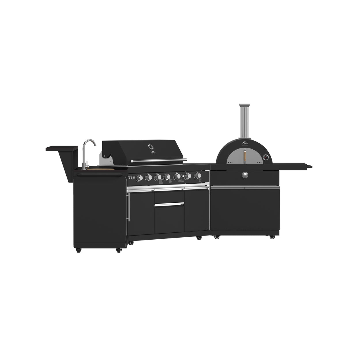 Forno All’Aperto 87,600 BTU Outdoor Kitchen, 4 Burners, Infrared Burners, Side Burner, Black Sintered Stone Countertops, Gas Pizza Oven, Sink Module, Bar &amp; Beverage Center