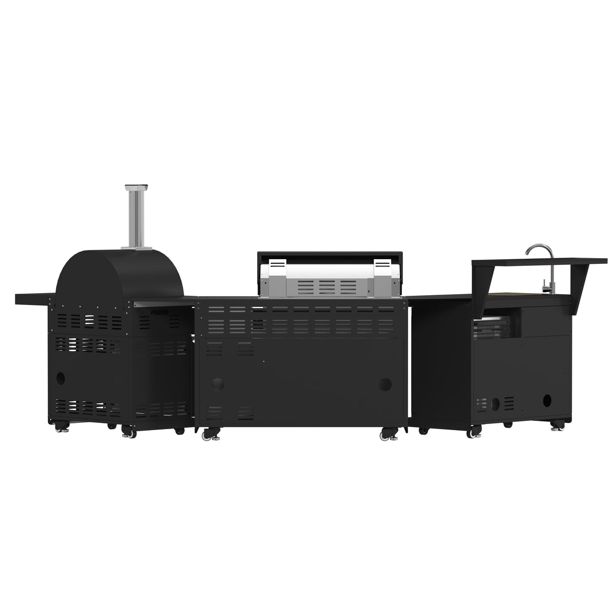 Forno All’Aperto 87,600 BTU Outdoor Kitchen, 4 Burners, Infrared Burners, Side Burner, Black Sintered Stone Countertops, Gas Pizza Oven, Sink Module, Bar &amp; Beverage Center