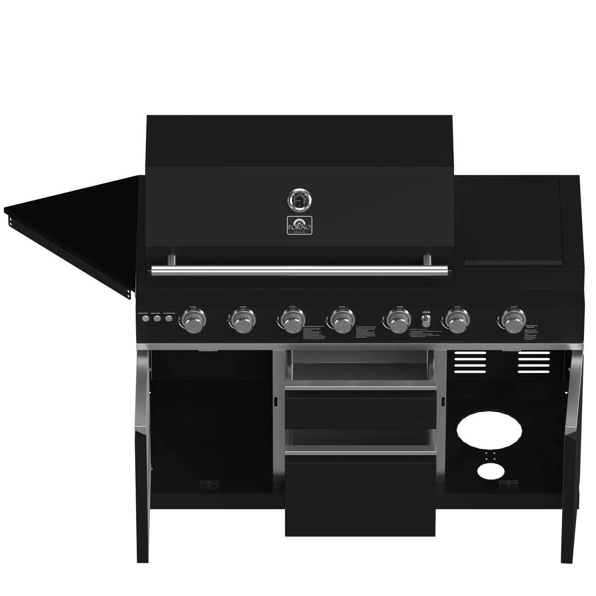Forno All’Aperto 87,600 BTU Outdoor Kitchen, 4 Burners, Infrared Burners, Side Burner, Black Sintered Stone Countertops, Gas Pizza Oven, Sink Module, Bar &amp; Beverage Center