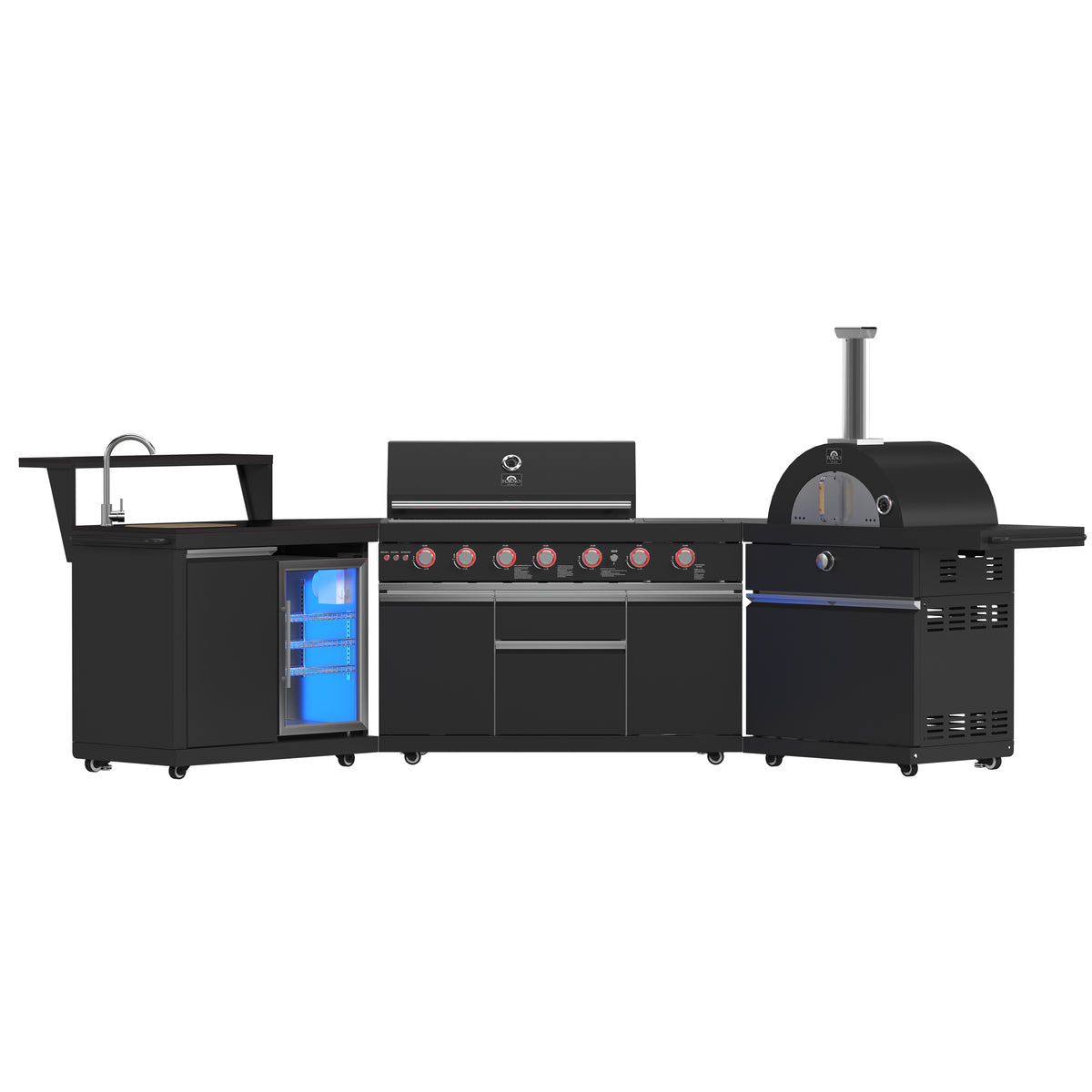 Forno All’Aperto 87,600 BTU Outdoor Kitchen, 4 Burners, Infrared Burners, Side Burner, Black Sintered Stone Countertops, Gas Pizza Oven, Sink Module, Bar &amp; Beverage Center