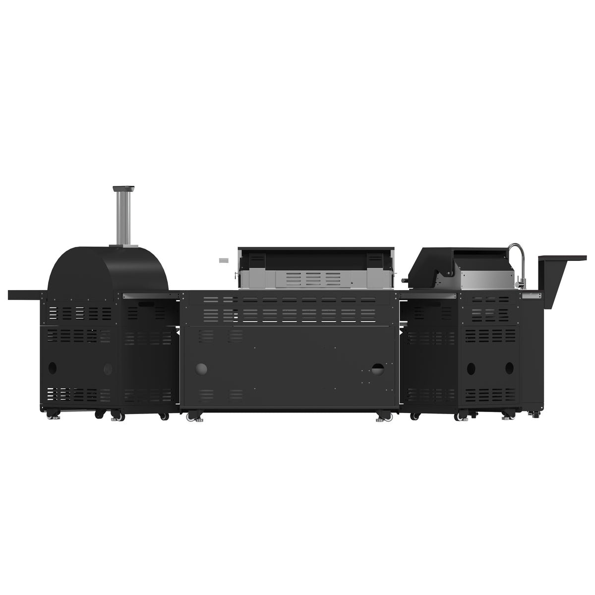 Forno All’Aperto 99,600 BTU Outdoor Kitchen, 5 Burners, Infrared Burners, Side Burner, Black Sintered Stone Countertops, Gas Pizza Oven, Sink Module, Bar &amp; Beverage Center
