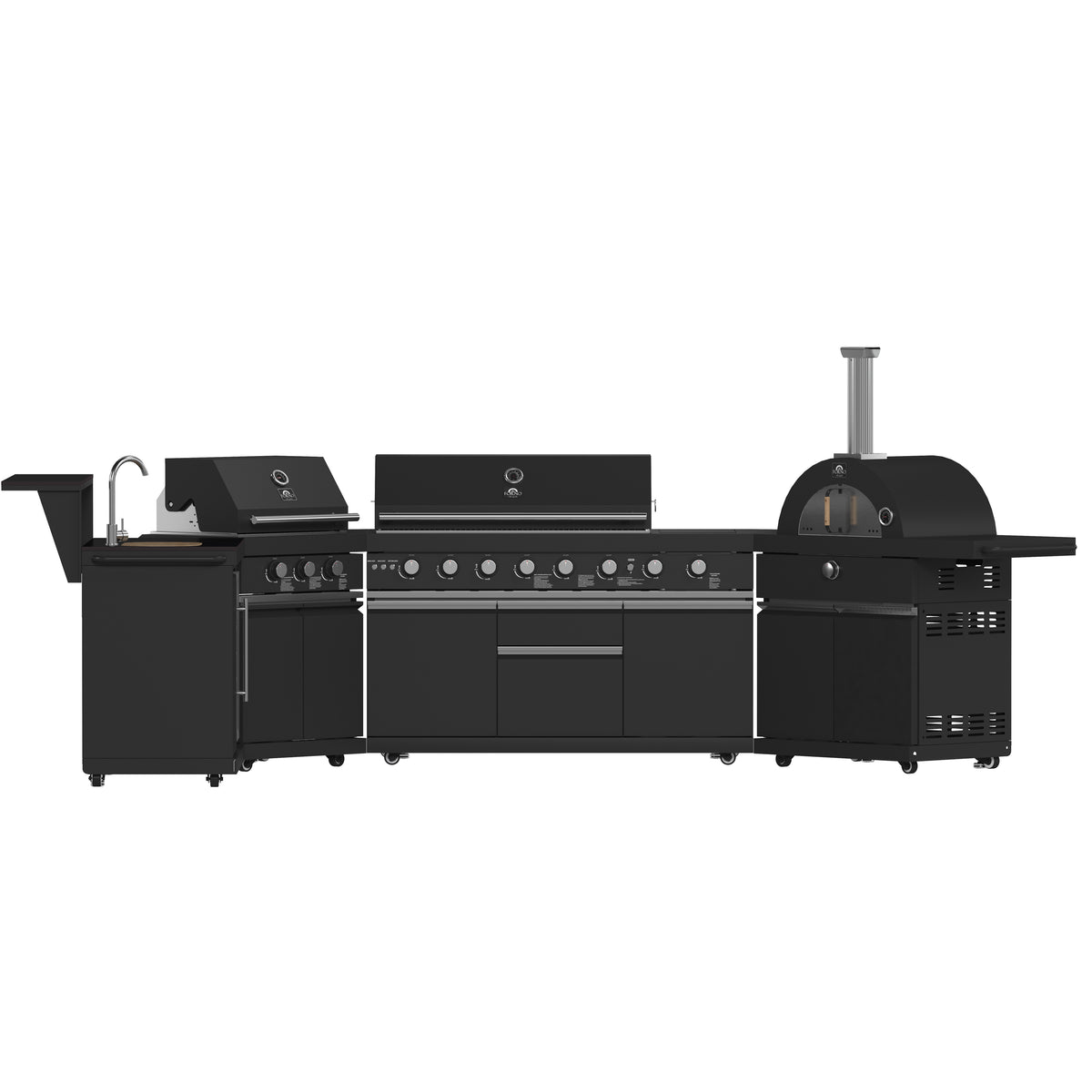 Forno All’Aperto 99,600 BTU Outdoor Kitchen, 5 Burners, Infrared Burners, Side Burner, Black Sintered Stone Countertops, Gas Pizza Oven, Sink Module, Bar &amp; Beverage Center