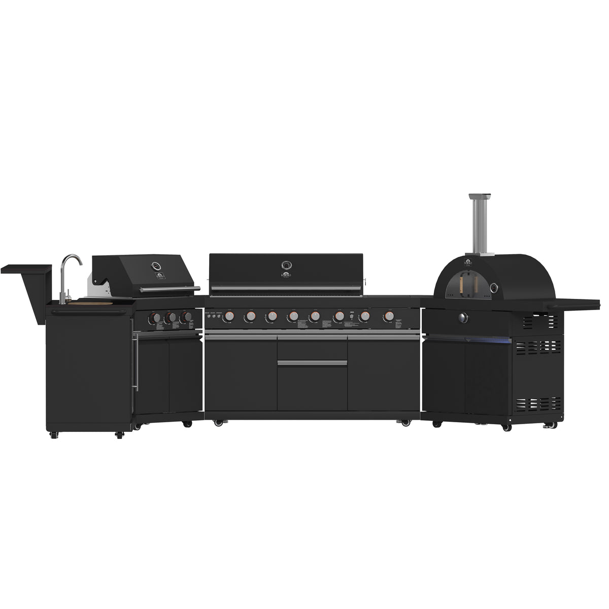 Forno All’Aperto 99,600 BTU Outdoor Kitchen, 5 Burners, Infrared Burners, Side Burner, Black Sintered Stone Countertops, Gas Pizza Oven, Sink Module, Bar &amp; Beverage Center