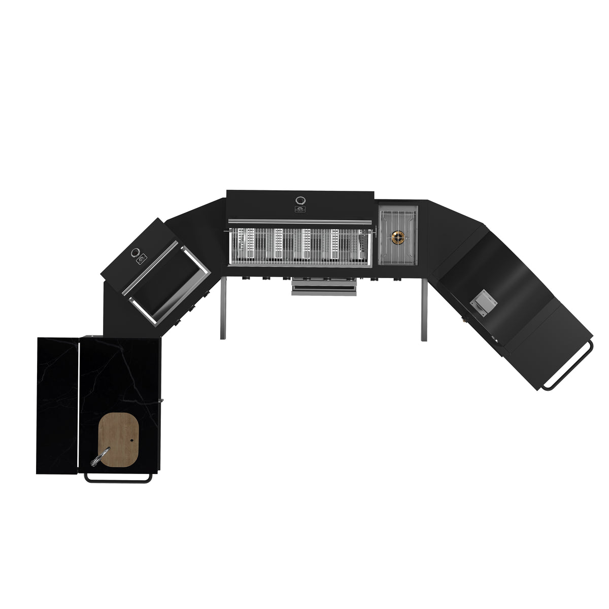 Forno All’Aperto 99,600 BTU Outdoor Kitchen, 5 Burners, Infrared Burners, Side Burner, Black Sintered Stone Countertops, Gas Pizza Oven, Sink Module, Bar &amp; Beverage Center