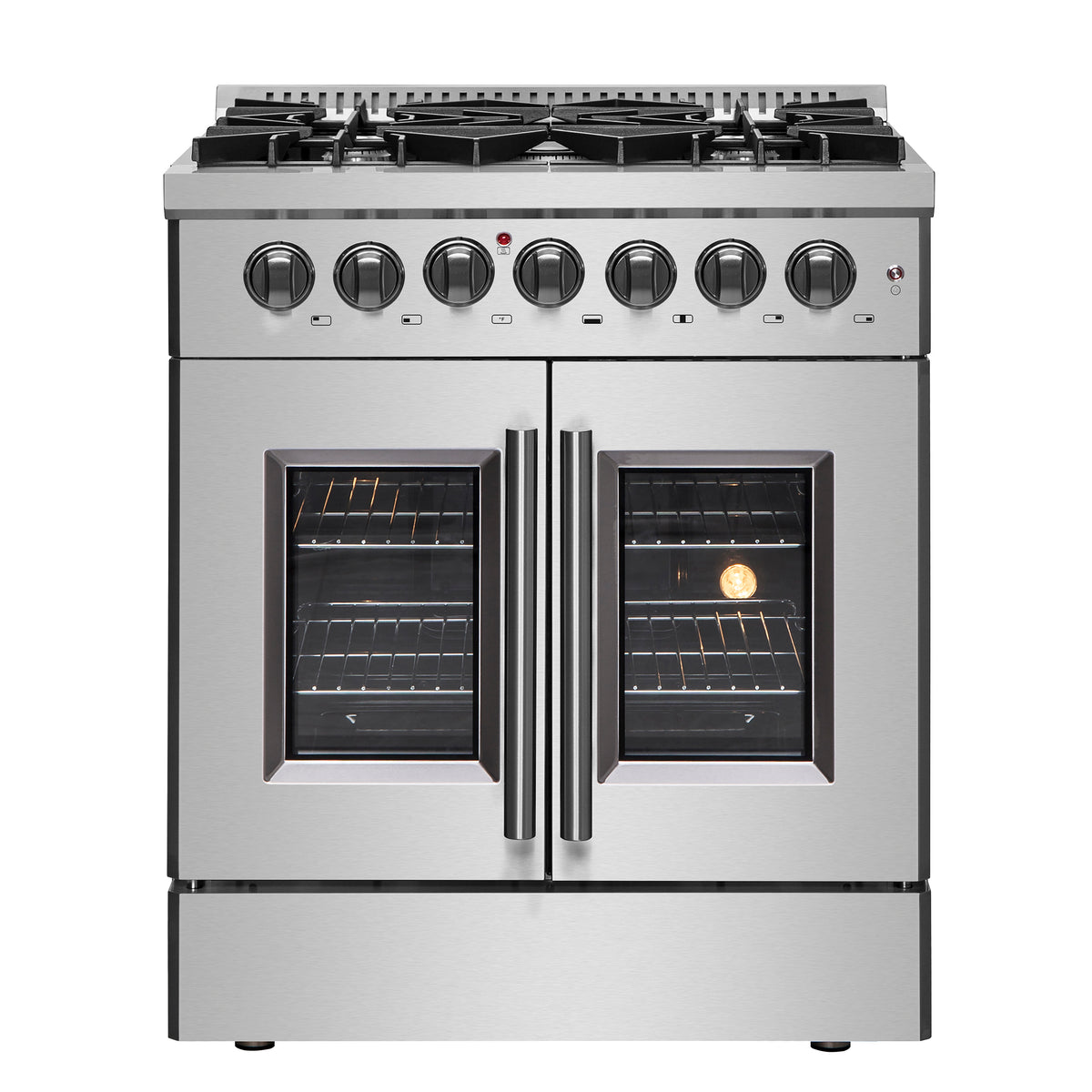 Forno Galiano 30-inch French Door Dual Fuel Range All Stainless Steel, 5 Sealed Burners 68,000 BTU, 4.32 cu.ft. True Convection Oven