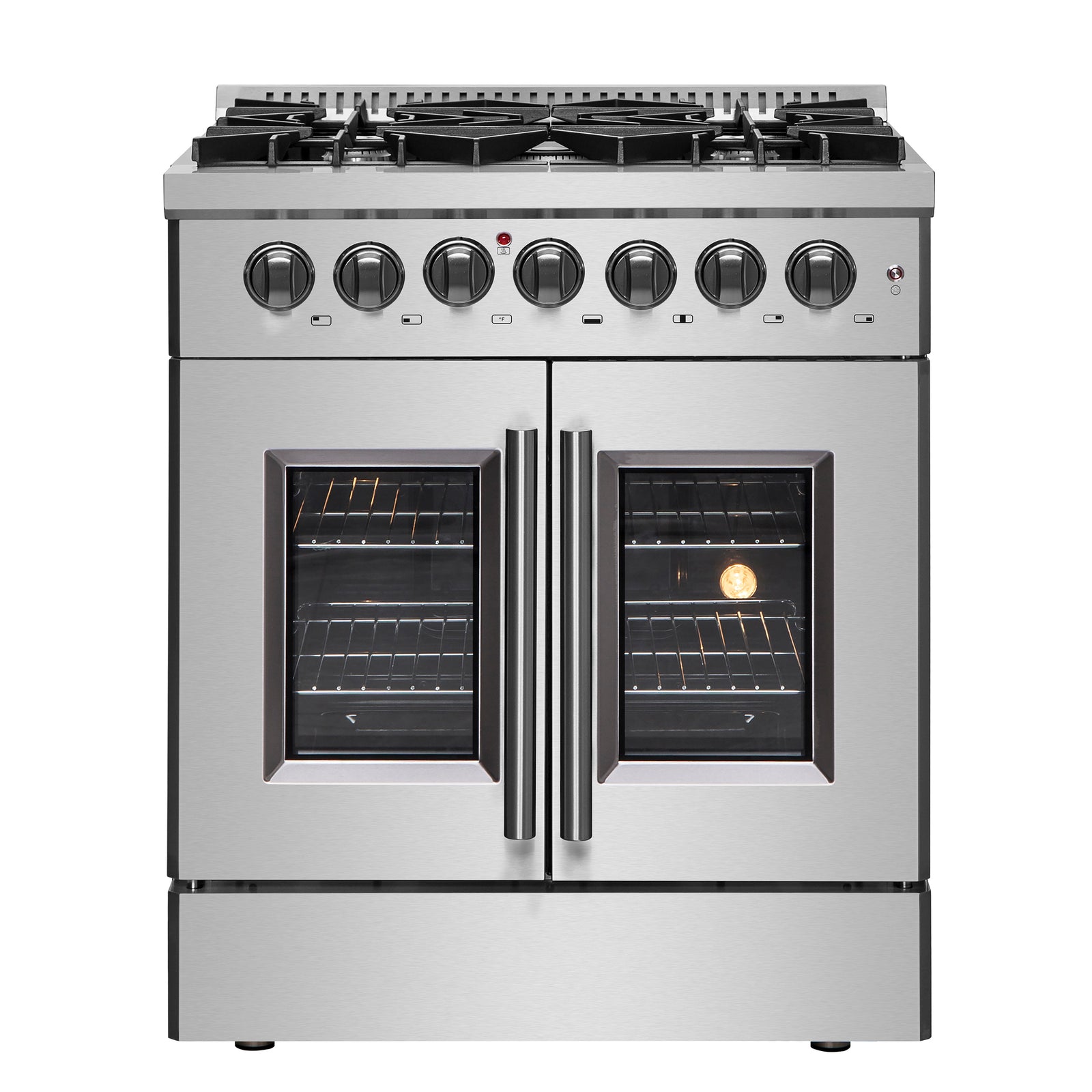 Forno Galiano 30-inch French Door Dual Fuel Range All Stainless Steel, 5 Sealed Burners 68,000 BTU, 4.32 cu.ft. True Convection Oven