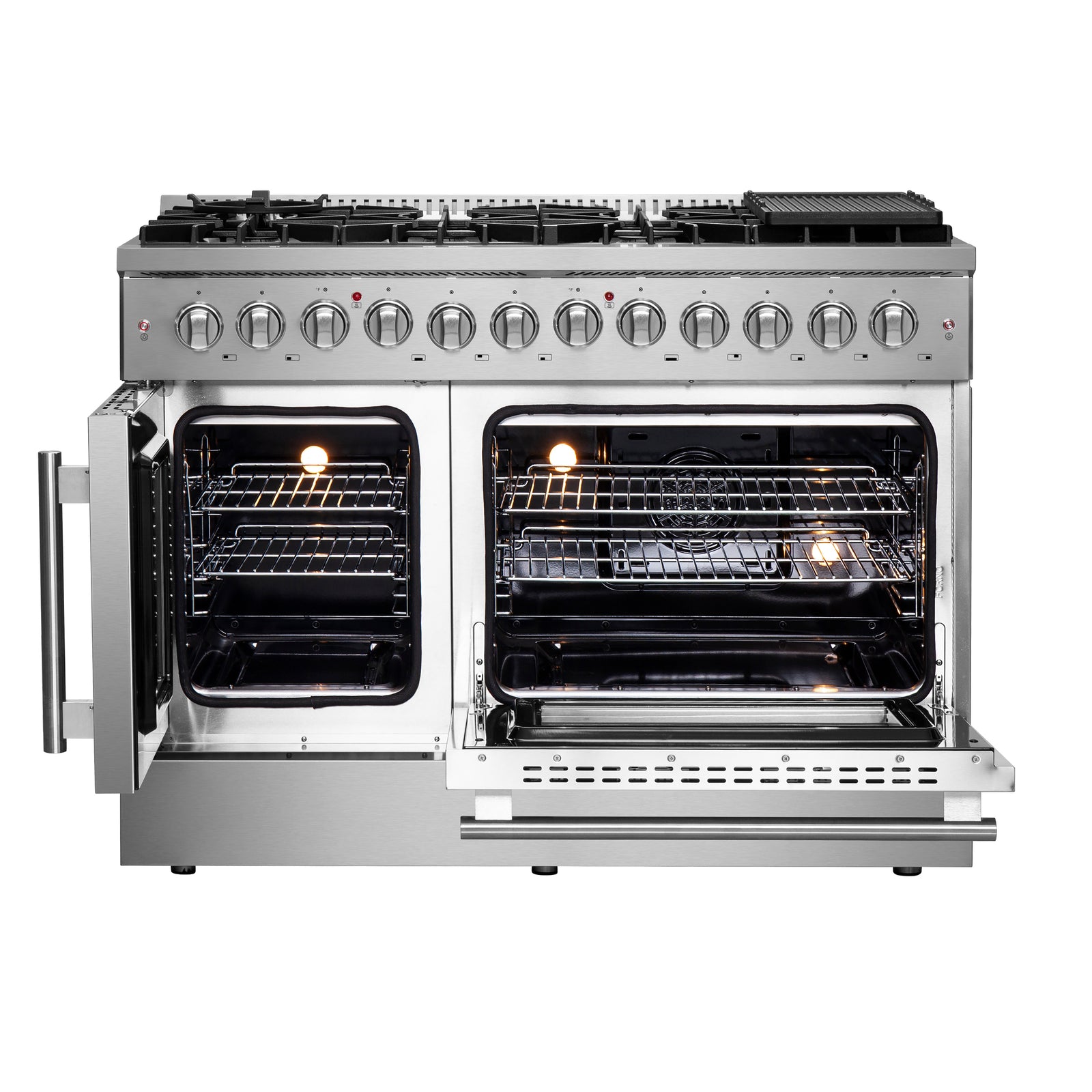 FORNO Galiano 48-Inch French Door Dual Fuel Range All Stainless Steel, 8 Sealed Burners, 107,000 BTU, Griddle, 6.58 cu.ft. Double Ovens