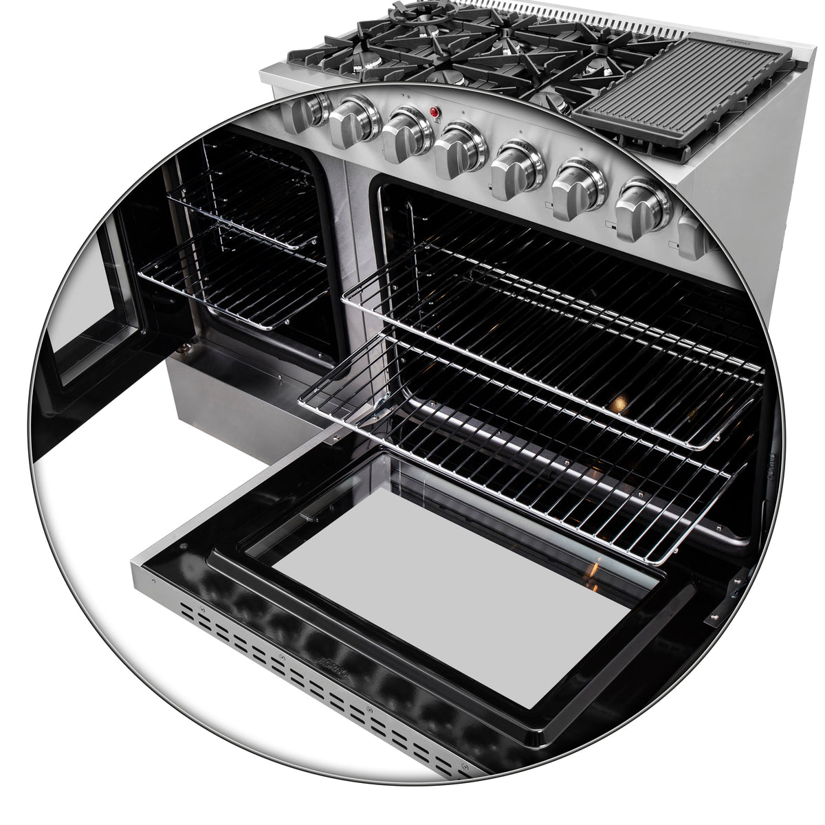 FORNO Galiano 48-Inch French Door Dual Fuel Range All Stainless Steel, 8 Sealed Burners, 107,000 BTU, Griddle, 6.58 cu.ft. Double Ovens