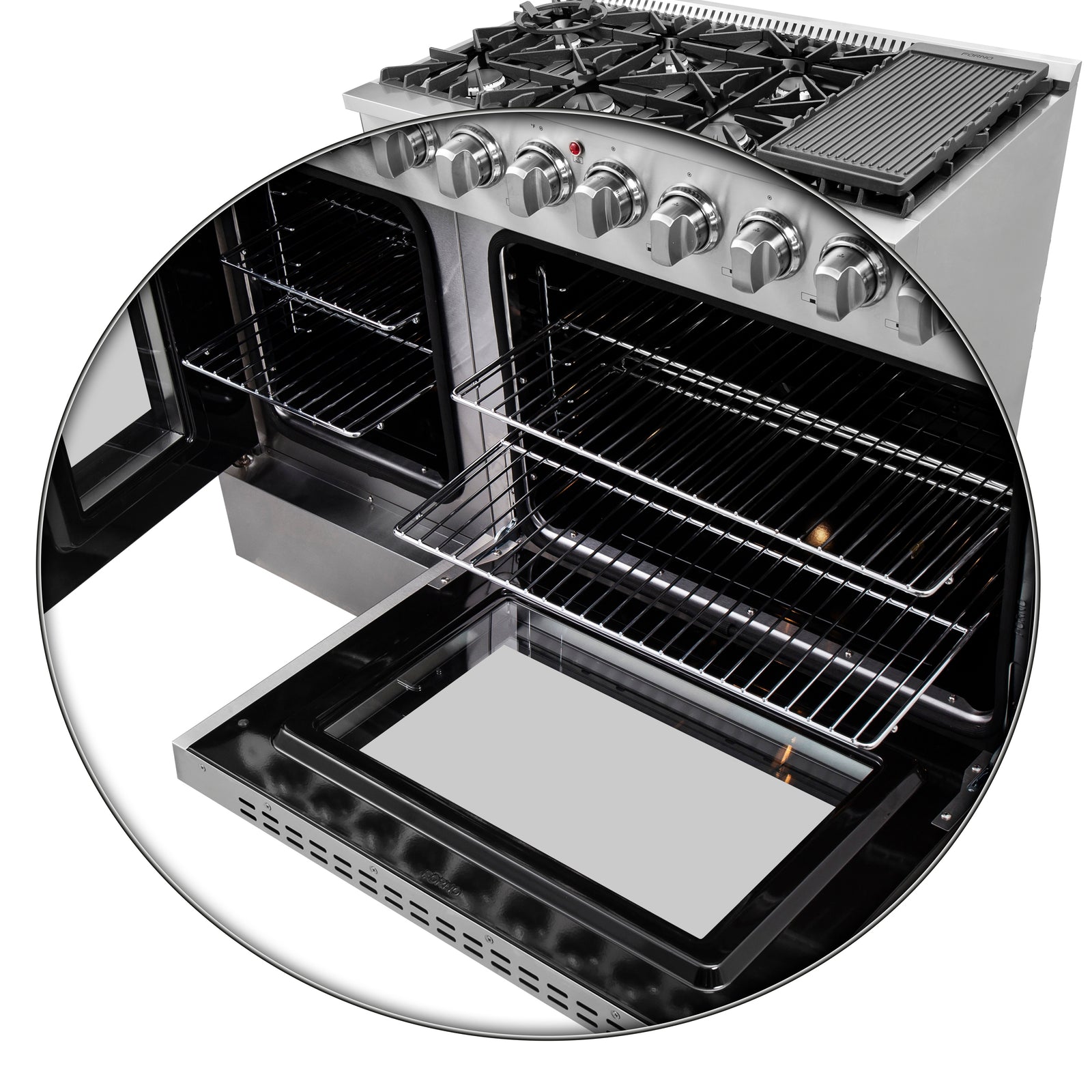 FORNO Galiano 48-Inch French Door Dual Fuel Range All Stainless Steel, 8 Sealed Burners, 107,000 BTU, Griddle, 6.58 cu.ft. Double Ovens