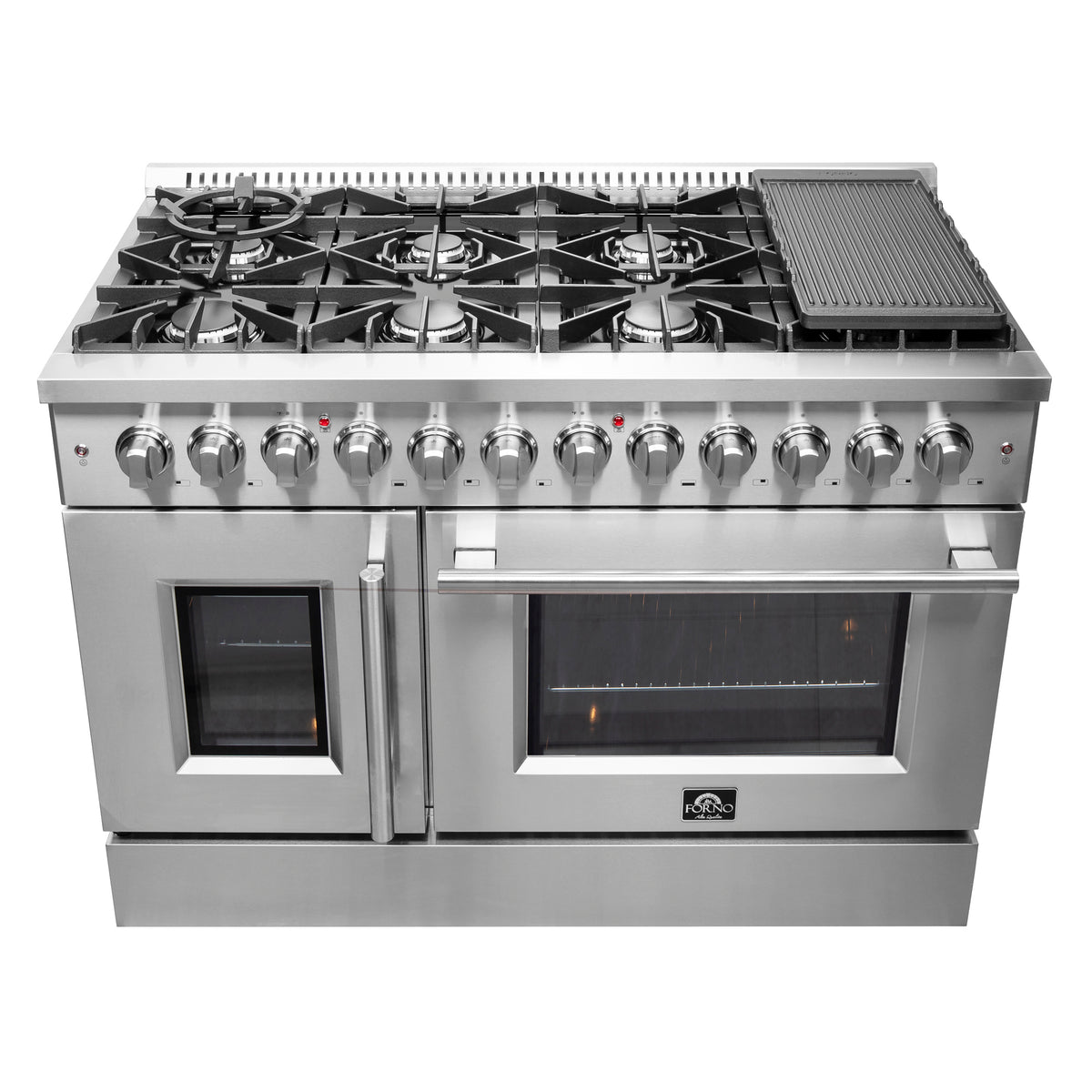 FORNO Galiano 48-Inch French Door Dual Fuel Range All Stainless Steel, 8 Sealed Burners, 107,000 BTU, Griddle, 6.58 cu.ft. Double Ovens