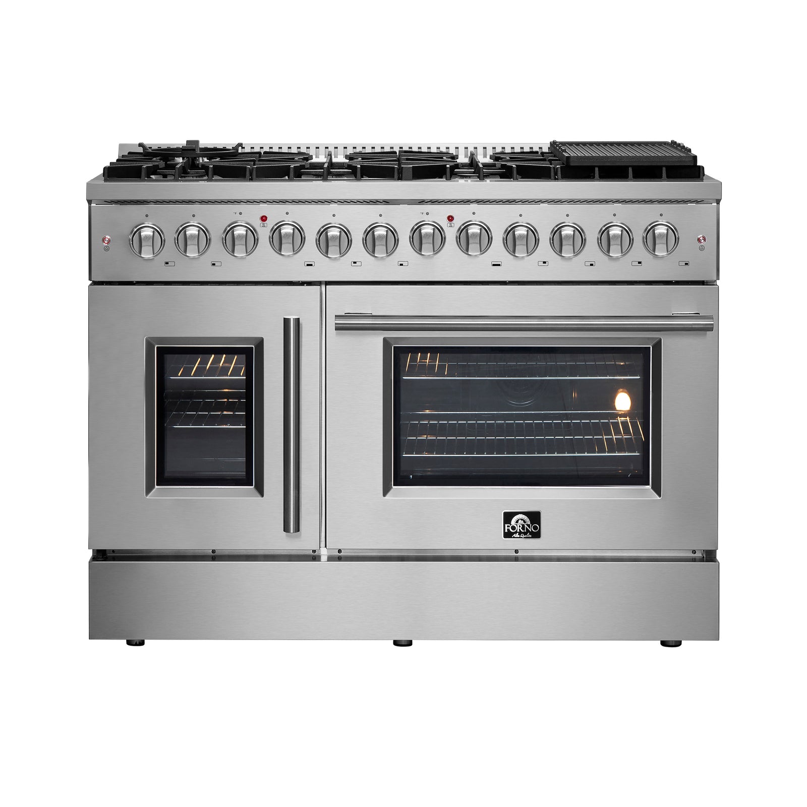 FORNO Galiano 48-Inch French Door Dual Fuel Range All Stainless Steel, 8 Sealed Burners, 107,000 BTU, Griddle, 6.58 cu.ft. Double Ovens