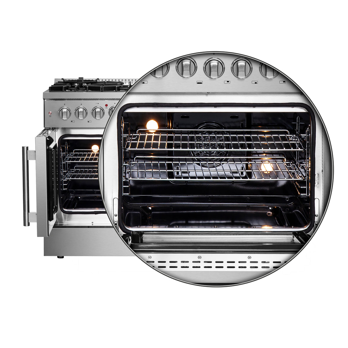 FORNO Galiano 48-Inch French Door Dual Fuel Range All Stainless Steel, 8 Sealed Burners, 107,000 BTU, Griddle, 6.58 cu.ft. Double Ovens