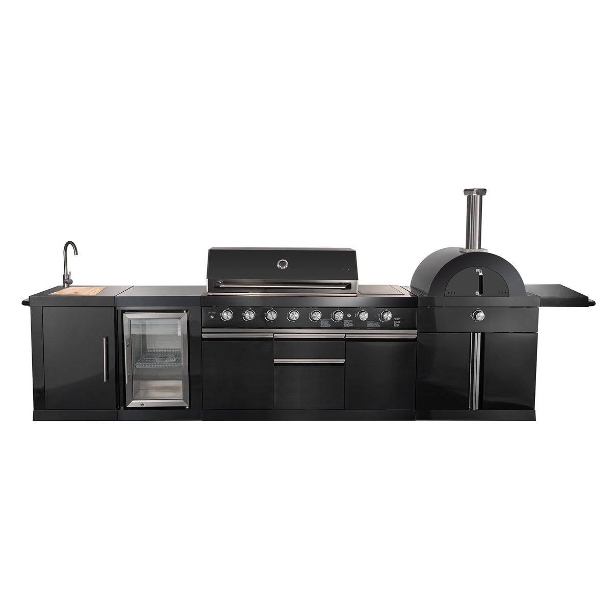 Forno All’Aperto 87,600 BTU Outdoor Kitchen, 4 Burners, Infrared Burners, Side Burner, Black Sintered Stone Countertops, Gas Pizza Oven, Sink Module, Bar &amp; Beverage Center