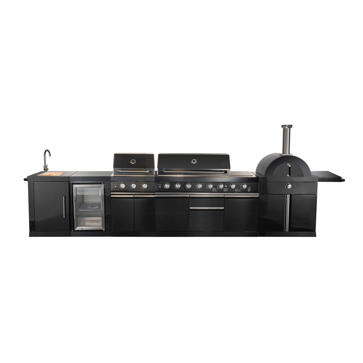 Forno All’Aperto 99,600 BTU Outdoor Kitchen, 5 Burners, Infrared Burners, Side Burner, Black Sintered Stone Countertops, Gas Pizza Oven, Sink Module, Bar &amp; Beverage Center